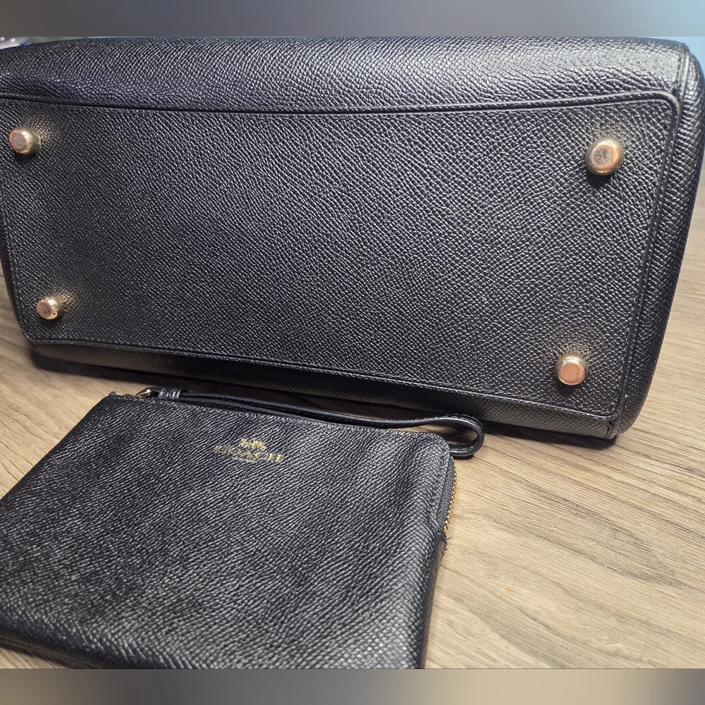 Coach Rowan Satchel Bag| Black Leather Handbag and Wristlet Set